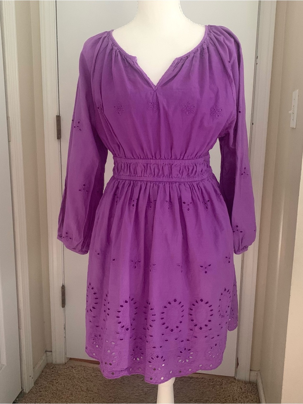 Universal Thread Eyelet Dress Cotton Peasant Sleeve Purple Colorful Cottage Sz M
